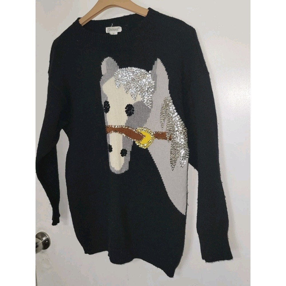 Vtg Eminent Horse Head Sequined Embroidered Sweater Womens Size S Equestrian - Picture 2 of 9